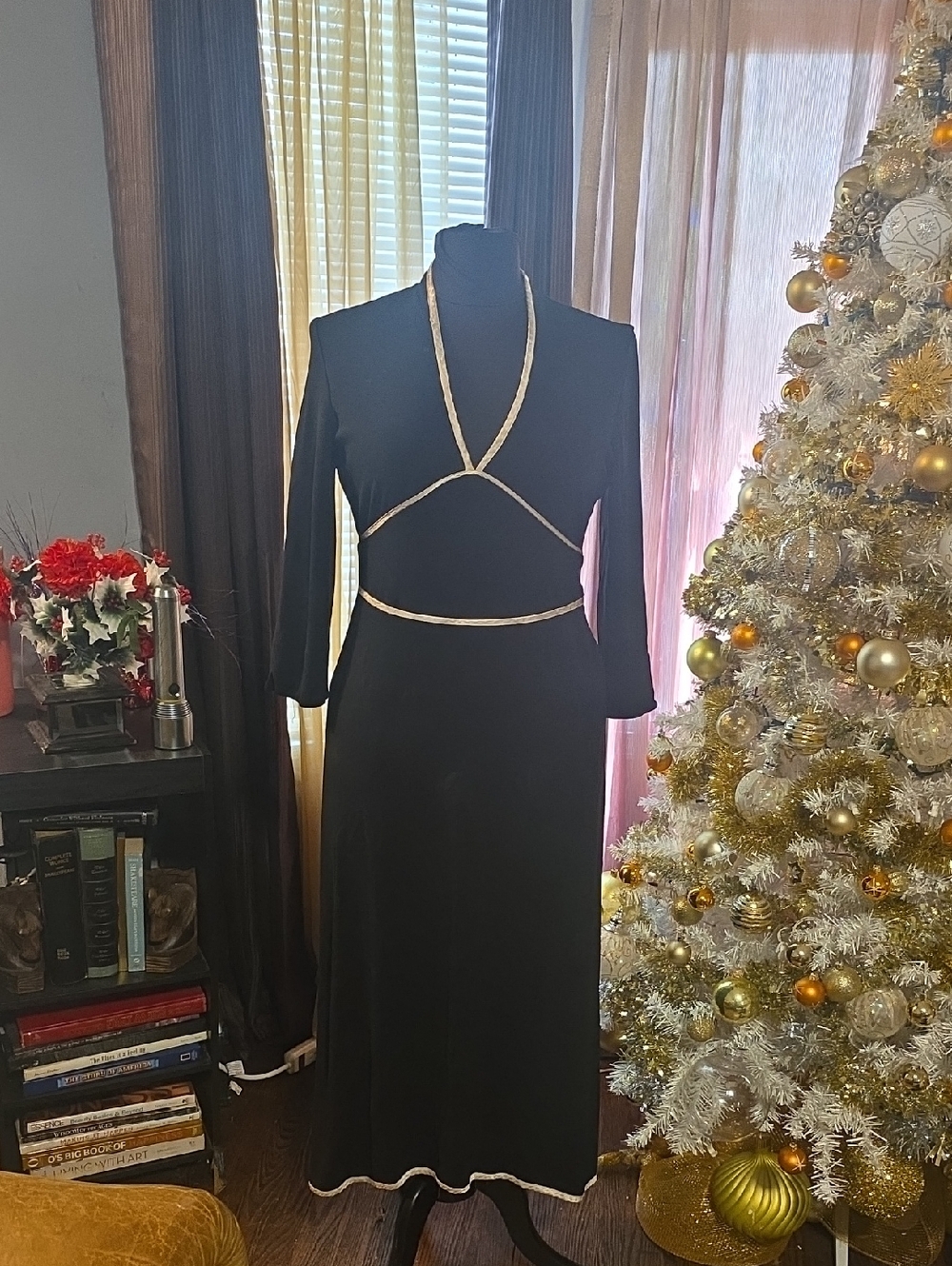 Positive Attitude Black Dress with White Trim Long Sleeve Midi